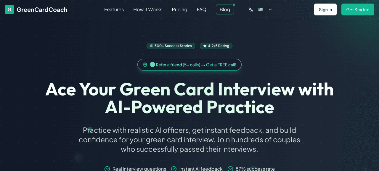 Green Card Coach production site preview